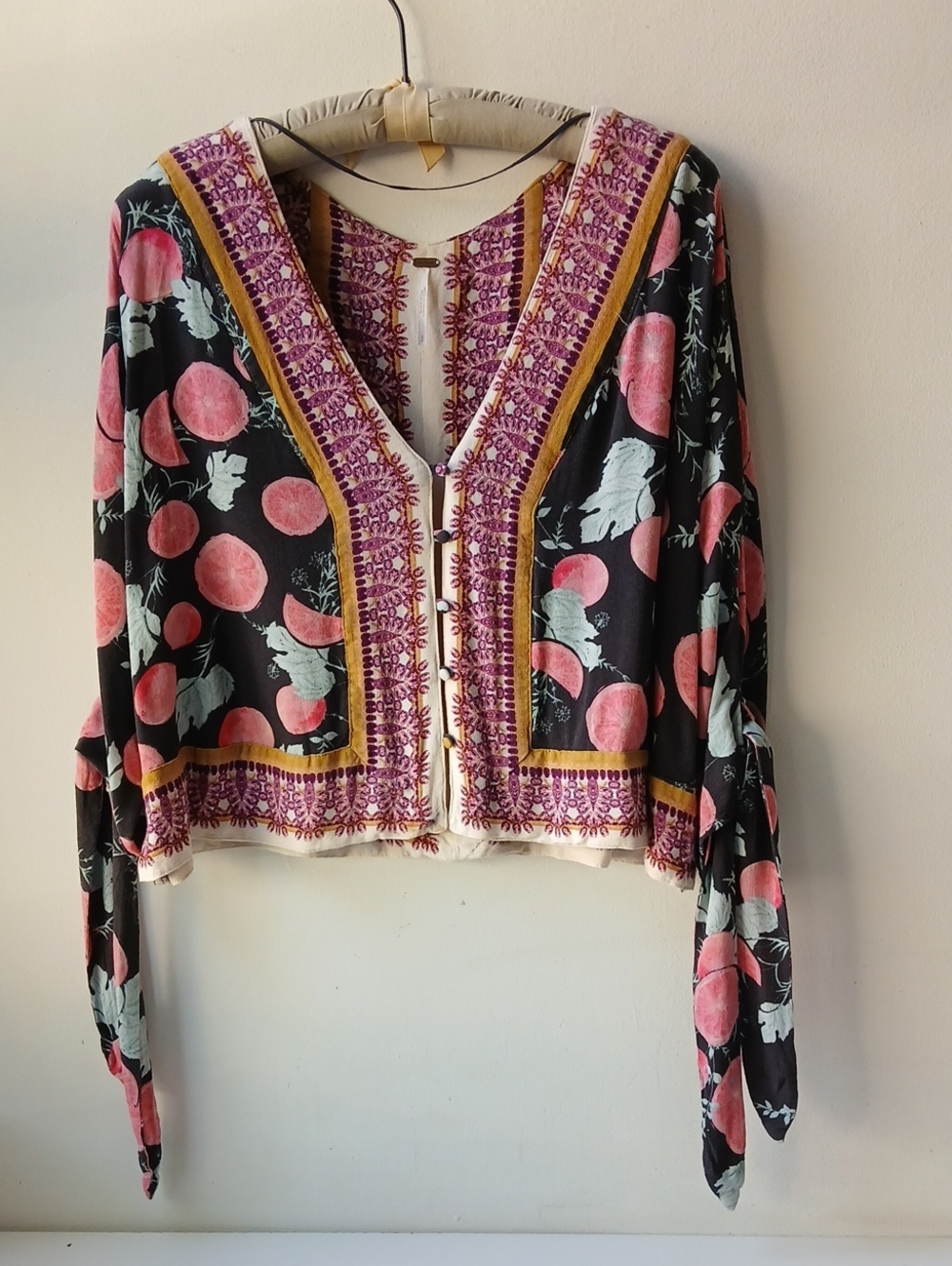 Free People V Neck Crop Blouse Block Print Women's Small